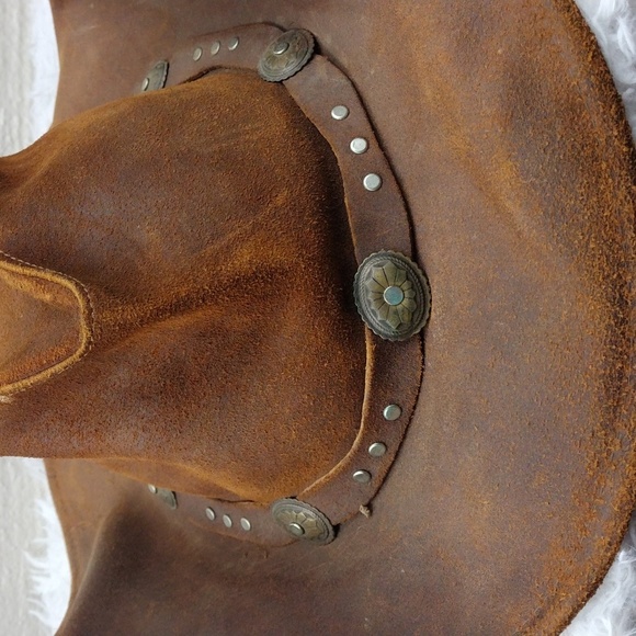 Minnetonka Unisex Silverton Dude Brown Ruff Genuine Leather Studded Western Hat - Picture 13 of 14